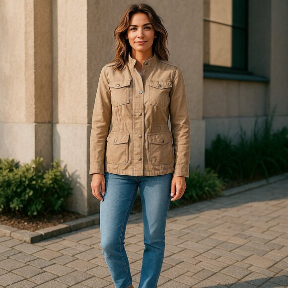 GAP Full Zip Fitted Safari Style Jacket Pockets Ladies XS Utility Caramel - Picture 1 of 5